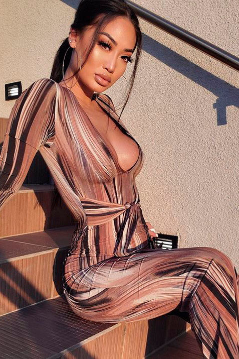 Brown Multi Print Plunge Tie Front Maxi Dress