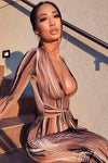 Brown Multi Print Plunge Tie Front Maxi Dress