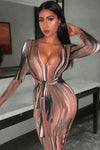 Brown Multi Print Plunge Tie Front Maxi Dress