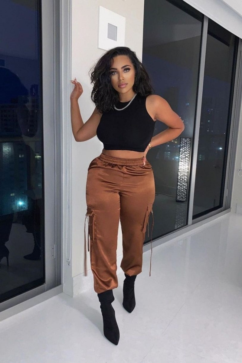 Brown Satin High Waisted Cargo Trousers