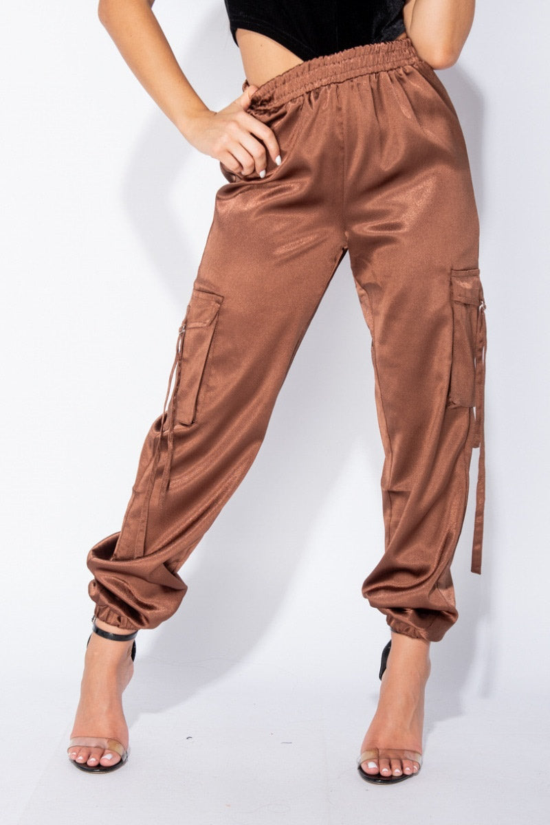 Brown Satin High Waisted Cargo Trousers