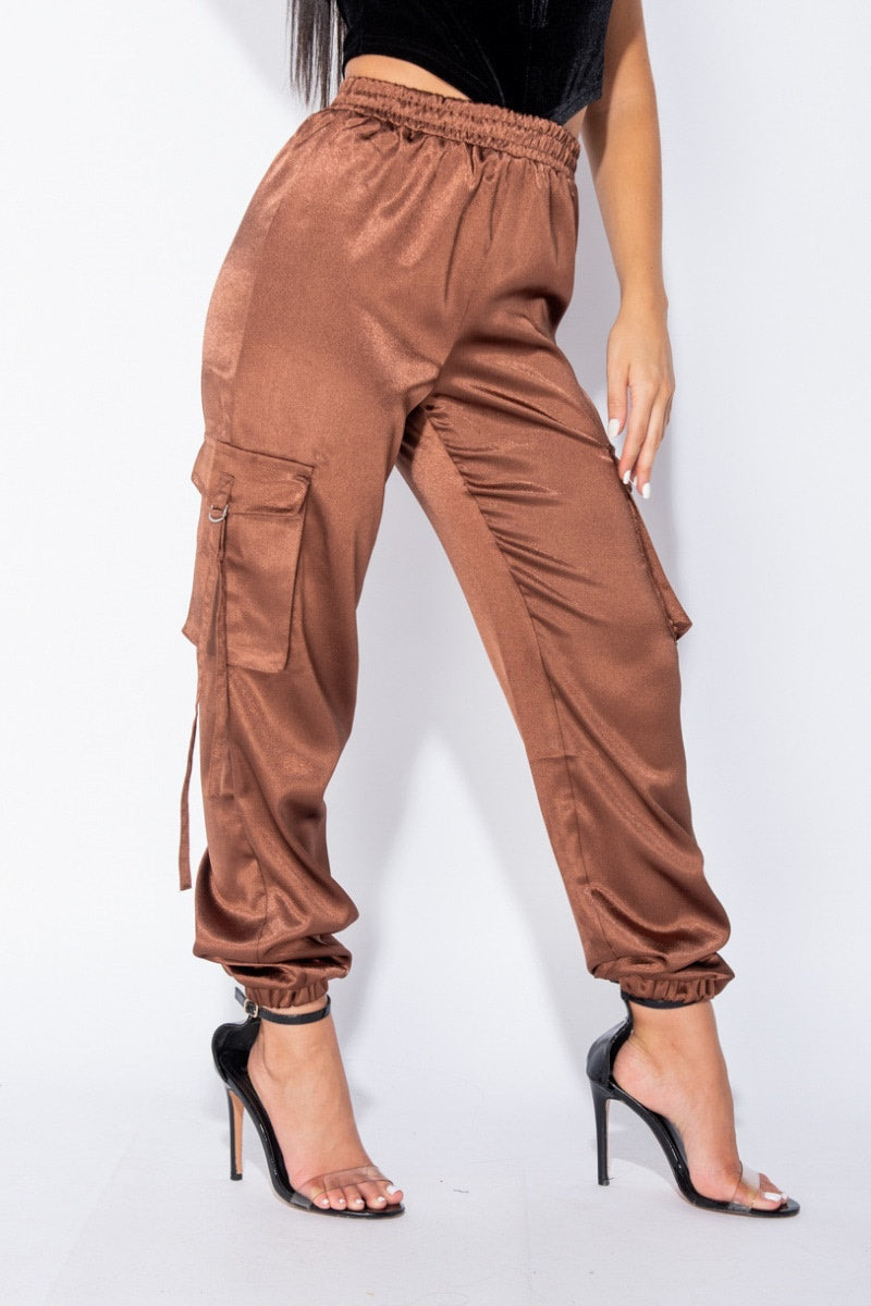 Brown Satin High Waisted Cargo Trousers