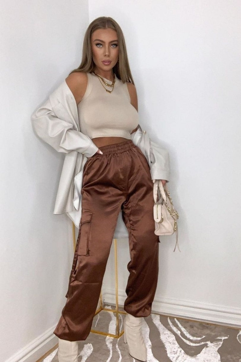Brown Satin High Waisted Cargo Trousers
