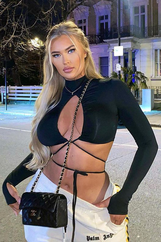 Black Keyhole Tie Detail Turtleneck Crop Top
