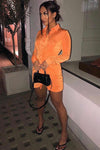 Apricot Ruched Slinky Button Down Shirt Dress