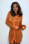 Apricot Ruched Slinky Button Down Shirt Dress