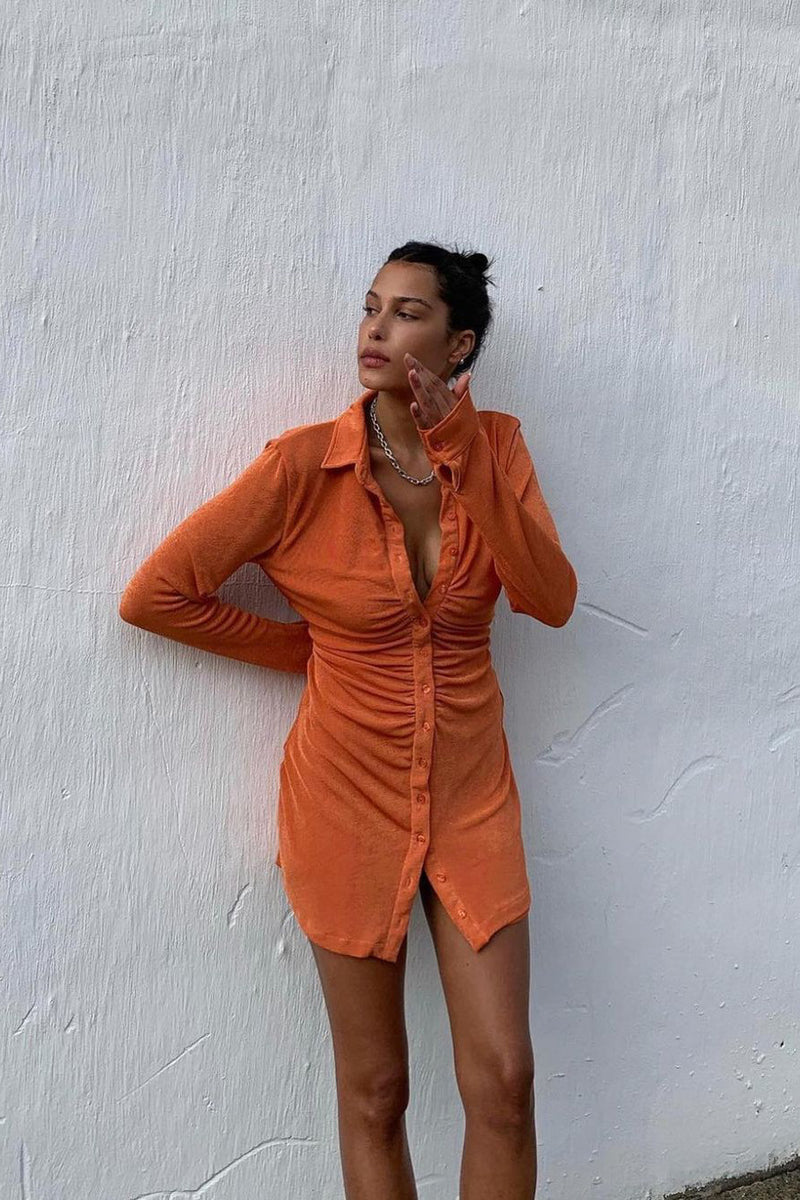 Apricot Ruched Slinky Button Down Shirt Dress