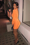 Apricot Ruched Slinky Button Down Shirt Dress