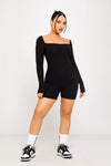 Black Ribbed Square Neck Long Sleeve Playsuit