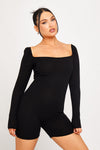 Black Ribbed Square Neck Long Sleeve Playsuit