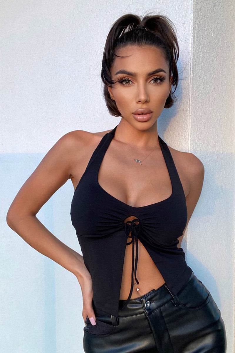 Black Drawstring Open Front Halterneck Crop Top