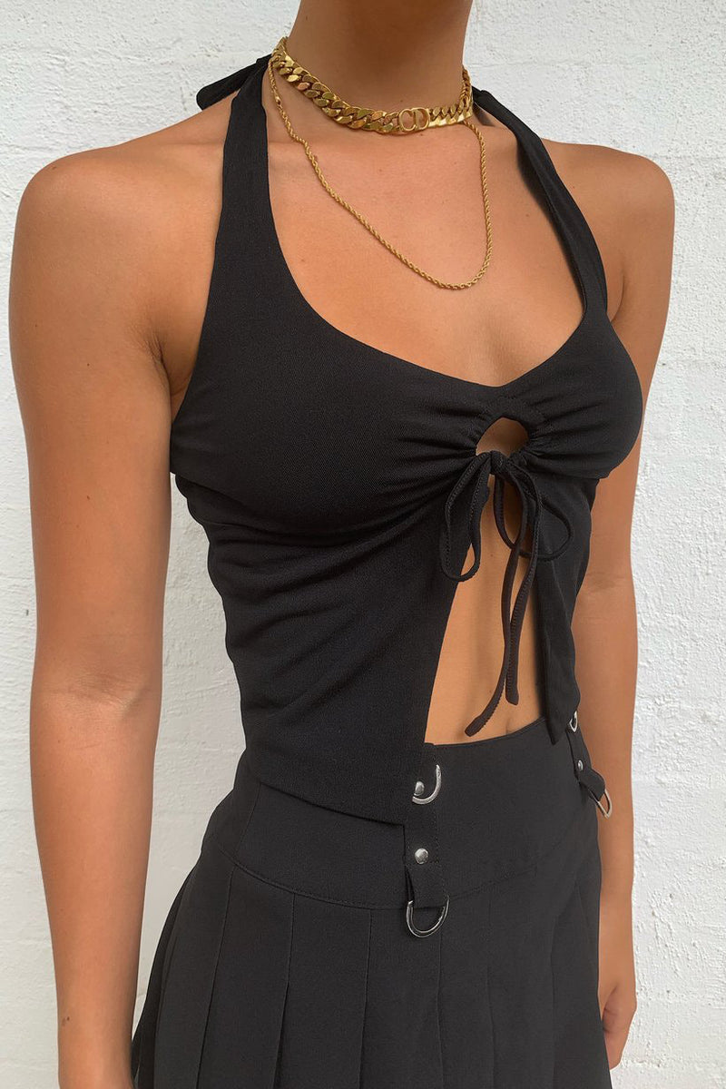 Black Drawstring Open Front Halterneck Crop Top