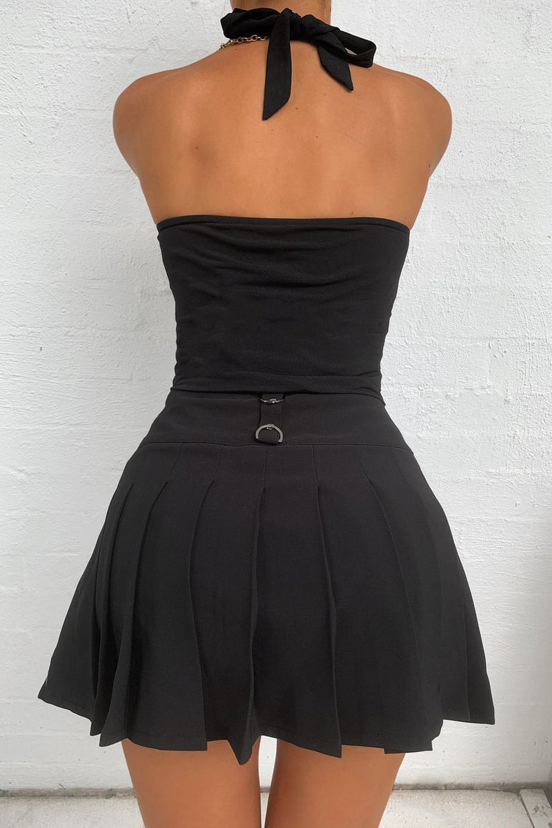 Black Drawstring Open Front Halterneck Crop Top