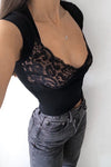 Black Ribbed Lace Bustier Detail Crop Top