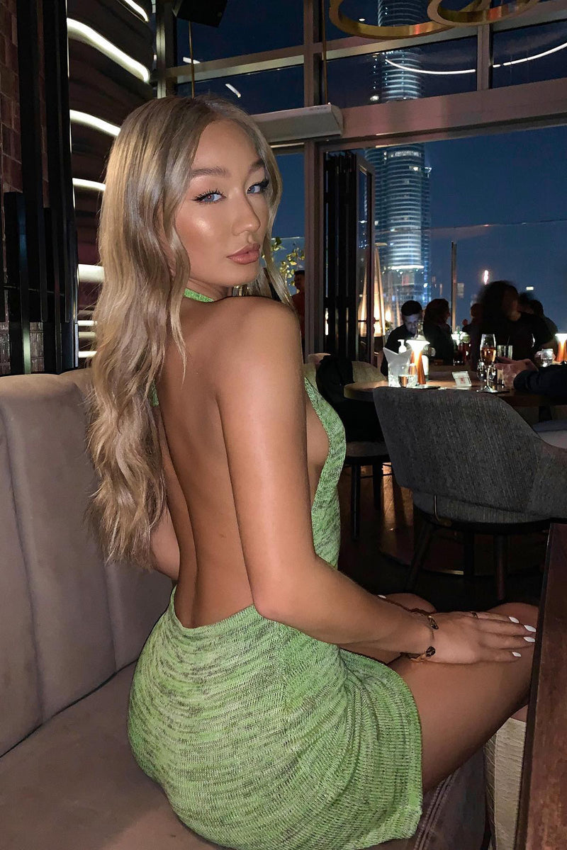 Moss Green Knit Halterneck Backless Mini Dress