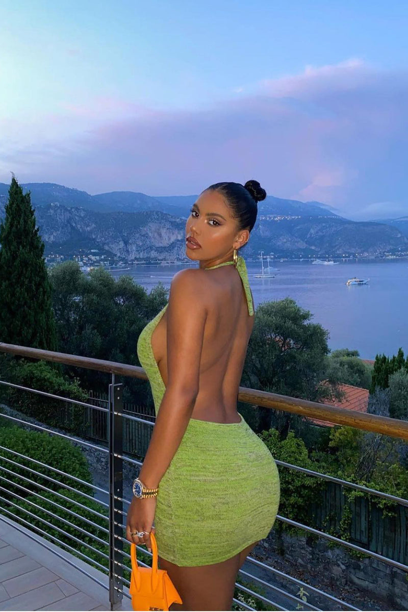 Moss Green Knit Halterneck Backless Mini Dress