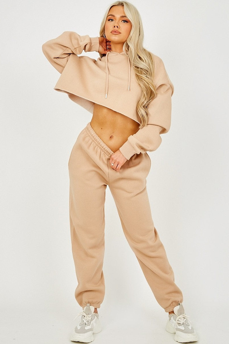 Stone Oversized Raw Hem Cropped Hoodie & Joggers
