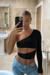 Black One Shoulder Cut Out Crop Top