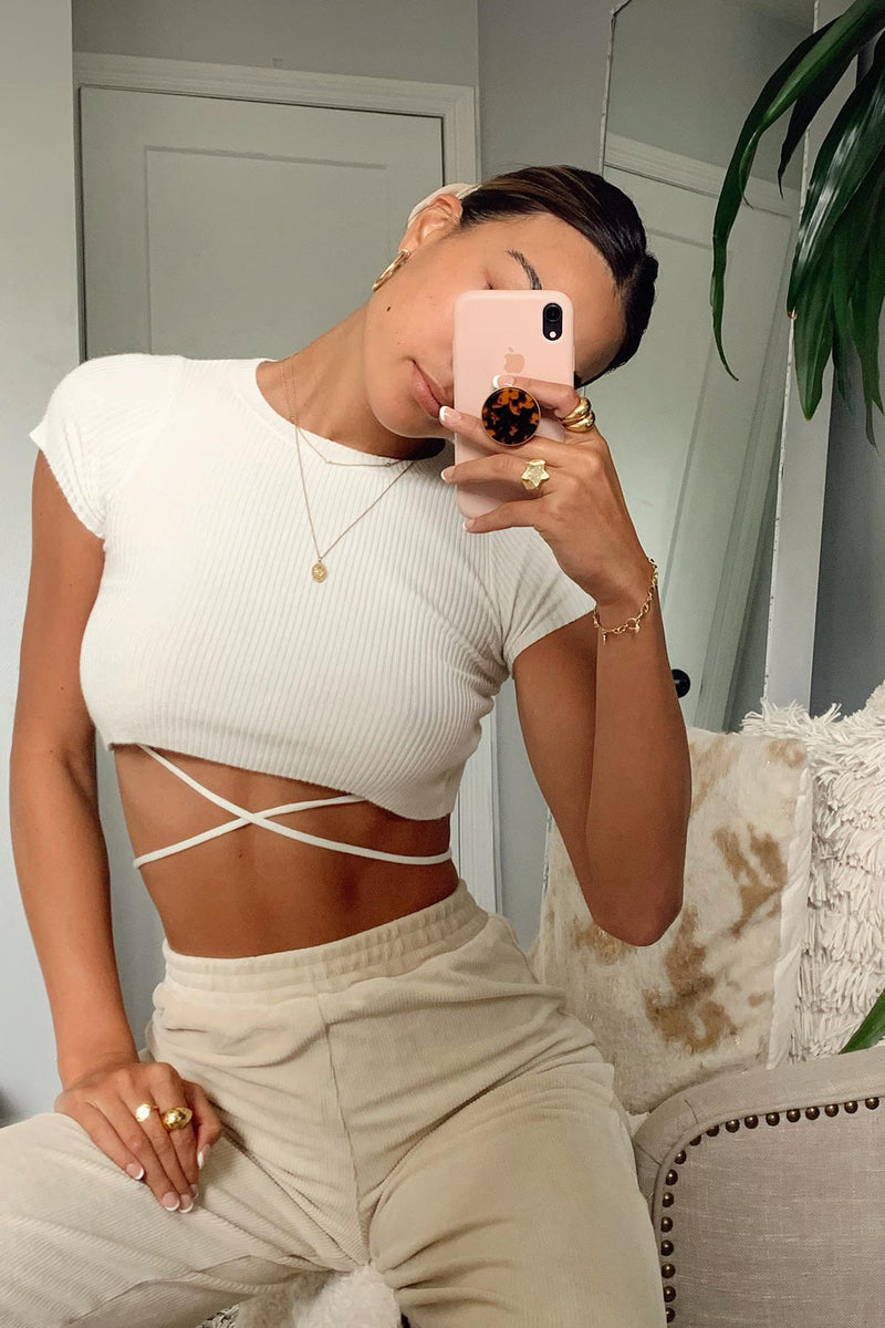 White Ribbed Tie Waist Crop Top