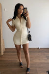Cream Ruched Slinky Short Sleeve Button Down Dress