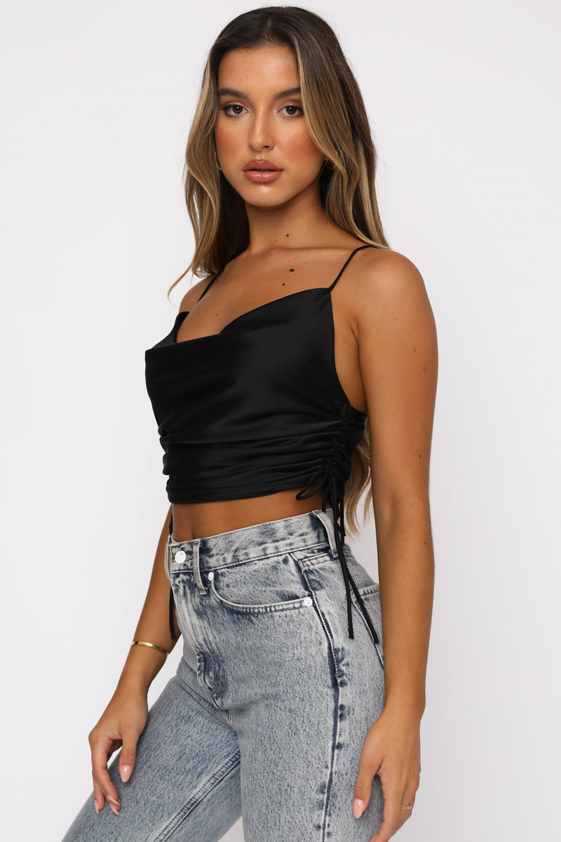 Black Satin Ruched Cowl Neck Crop Top
