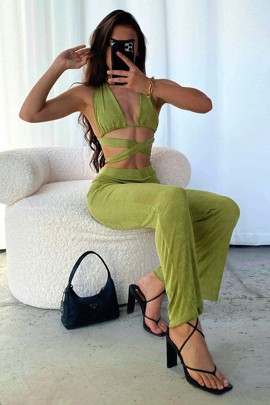 Olive Slinky Cross Wrap Halter Top & Trousers