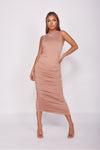 Rose Slinky Ruched Sleeveless Midi Dress