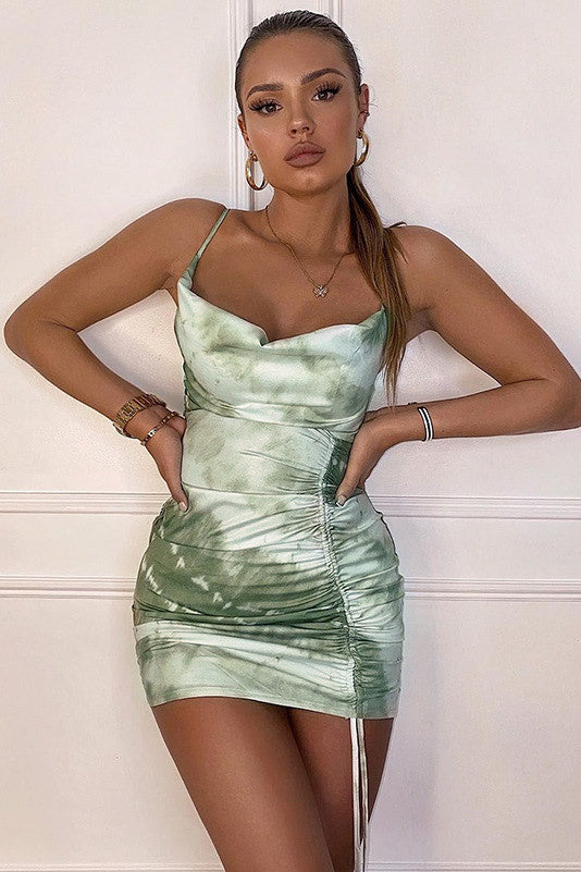 Khaki Tie Dye Cowl Ruched Front Mini Dress