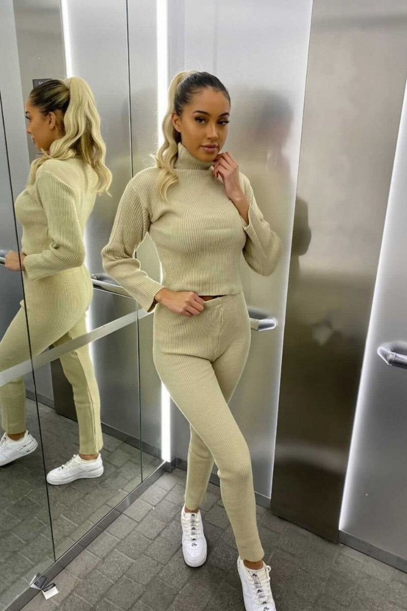Beige Rib Knitted Roll Neck Loungewear Set