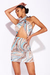 Blue Marble Print Halterneck Cross Over Mini Dress