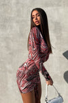 Rust Marble Print Ruched Front Bodycon Mini Dress