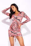 Rust Marble Print Ruched Front Bodycon Mini Dress