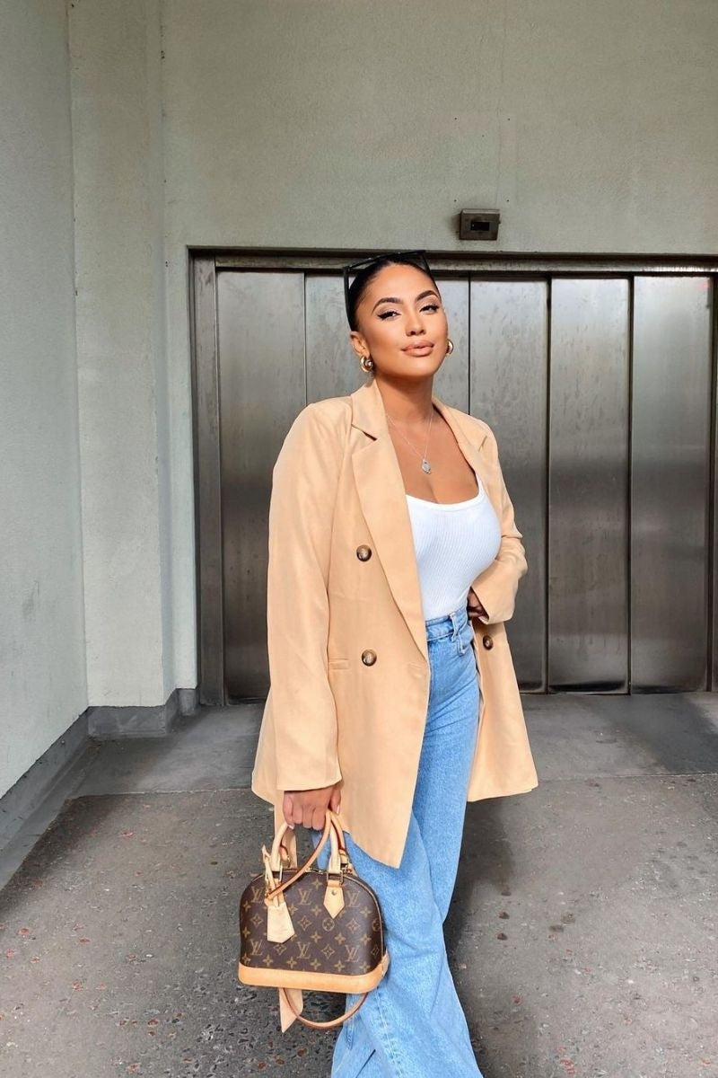 Camel Double Breasted Belted Blazer Jacket