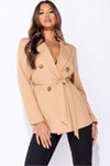 Camel Double Breasted Belted Blazer Jacket