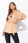 Camel Double Breasted Belted Blazer Jacket