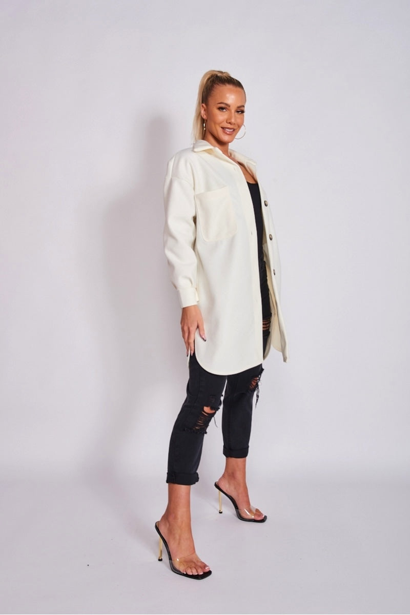 Cream Brushed Woven Oversized Longline Shacket