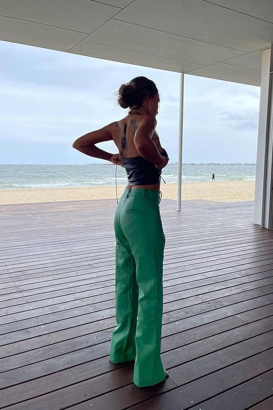 Black Faux Leather Ruched Adjustable Tie Detail Top