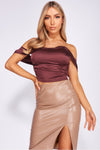 Brown Satin Off Shoulder Draped Sleeve Crop Top