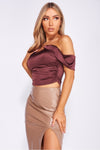 Brown Satin Off Shoulder Draped Sleeve Crop Top