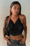 Black Satin Cowl Neck Ruched Crop Top