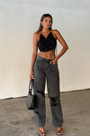 Black Satin Cowl Neck Ruched Crop Top