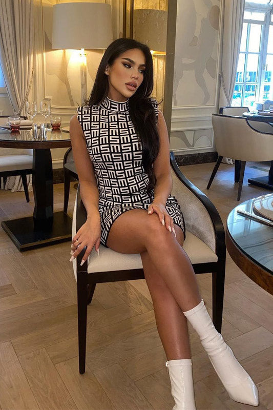 Black Monogram Geometric Print High Neck Mini Dress