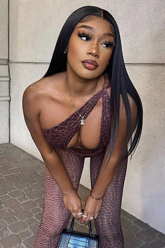 Brown Snake Print One Shoulder Cut Out Jumpsuit