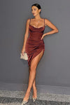Wine Satin Cowl Neck Corset Detail Mini Dress