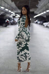 Camo Print Backless Long Sleeve Midi Dress