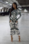 Camo Print Backless Long Sleeve Midi Dress