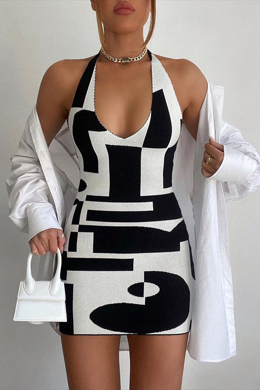Black Contrast Print Knit Halterneck Backless Mini Dress