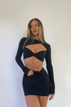 Black Slinky Twist Detail Keyhole Crop Top & Mini Skirt