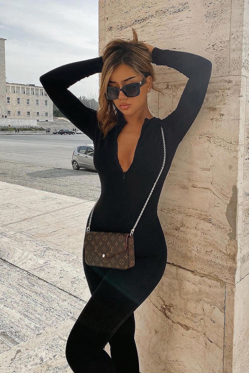 Black Ribbed High Neck Long Sleeve Jumpsuit