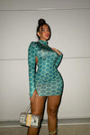 Green Geometric Print Turtleneck Open Back Mini Dress